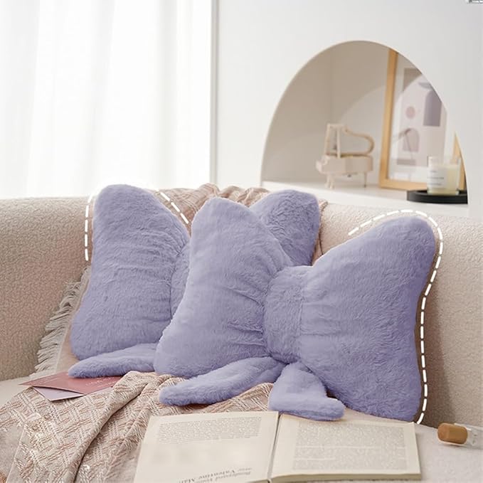 2Pack Soft Furry Bow Throw Pillows Cute Bowknot Plush Pillow Home Decor Stuffed Bow Lumbar Pillow for Bed Couch Living Room Decor (Purple)