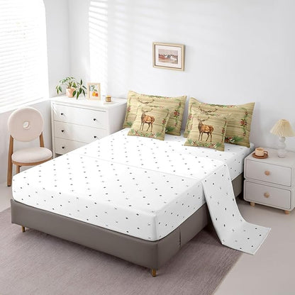 Elk Deer Bed in a Bag King Size Comforter Set 7 Pieces,Woodland Animals Bedding Sets Botanical Pinecone Sheet Set with Comforter