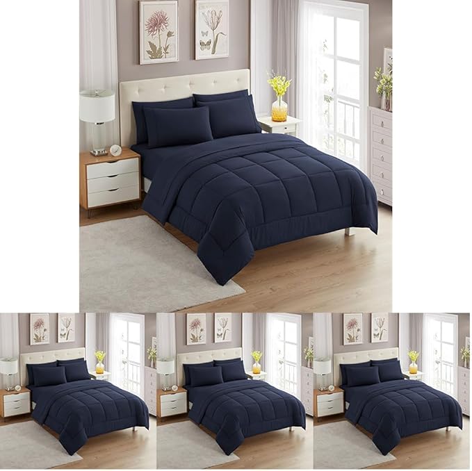 Sweet Home Collection 5 Piece Comforter Set Bag Solid Color All Season Soft Down Alternative Blanket & Luxurious Microfiber Bed Sheets, Navy, Twin (Pack of 4)
