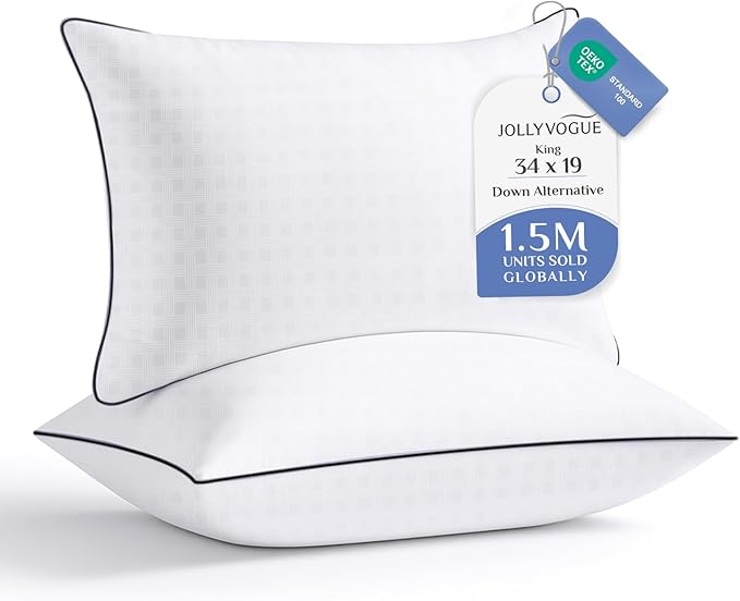JOLLYVOGUE King Size Pillows Set of 2, Hotel Collection Bed Pillows for Side, Back, and Stomach Sleepers, Fluffy and Supportive, Down Alternative Microfiber Filled Pillows, 2 Pack