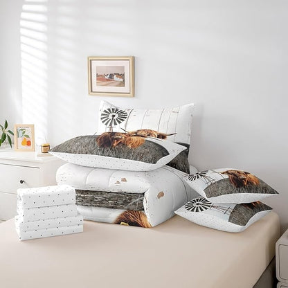 Erosebridal King Size Farmhouse Highland Cow Comforter Sets with Sheets 7Pcs Rustic Windmill Comforter Set Bed-in-a-Bag(1 Comforter, 1 Flat Sheet 1 Fitted Sheet 2 Pillowcases 2 Throw Pillow Covers)