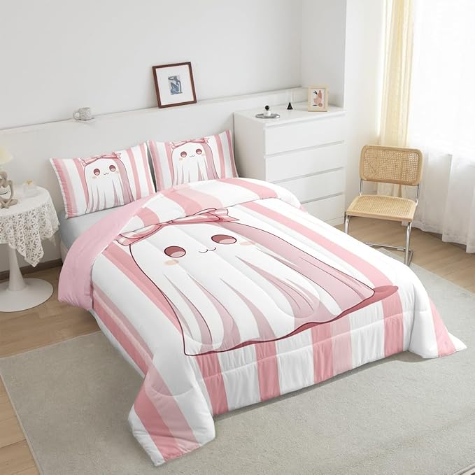 Erosebridal Girls Halloween Decorations Comforter Set Twin, Pink Ghost Bedding Set for Kids Teens Youth Woemen Men, Pink Bow Comforter Abstract Stripes Holloween Quilt with 1 Pillow Case