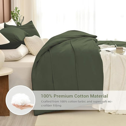 CozyTide Cotton King Size Comforter Set(106"x95"),Olive Green Pinch Pleated Bedding Set,3 Pieces Lightweight Dark Green Cal King Bedding Comforter Set Ultra Soft
