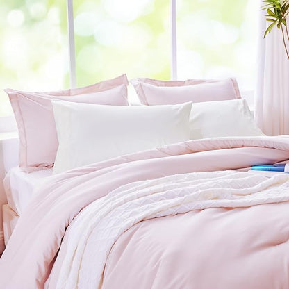 Twin Bedding Set for Girls, Pink and White Reversible Comforter, 5-Piece Soft Bed in a Bag with Comforter, Sheets, Pillowcase & Sham, All Seasons Boho Twin XL Bed Set