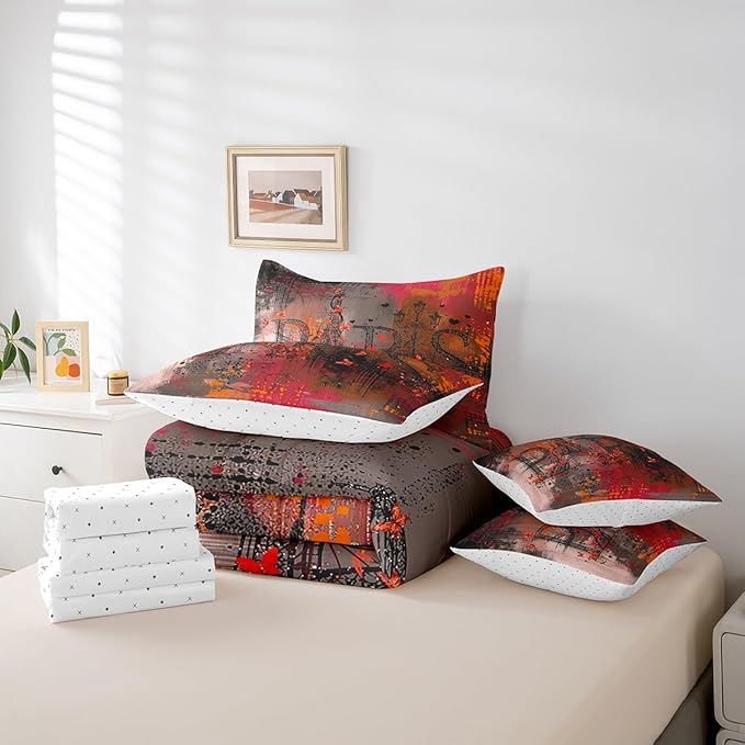 Erosebridal Paris Print Bedding Comforter Sets 7 Pieces Brown Red Bedding Set, Abstract King Size Comforter Set (1 Comforter, 1 Fitted Sheet, 1 Flag Sheet, 2 Pillowcases, 2 Throw Pillow Covers)