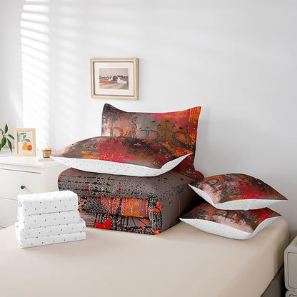 Erosebridal Paris Print Bedding Comforter Sets 7 Pieces Brown Red Bedding Set, Abstract Full Size Comforter Set (1 Comforter, 1 Fitted Sheet, 1 Flag Sheet, 2 Pillowcases, 2 Throw Pillow Covers)
