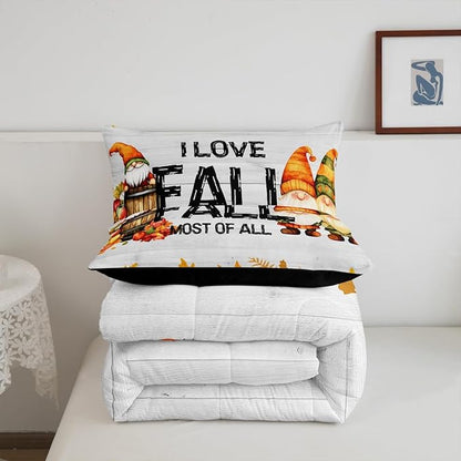 Gnomes Pumpkin Bedding Set Rustic Farmhouse Fall Theme Comforter Set Queen Size Thanksgiving Harvest Season Quilt Bedding Maple Leaf Pinecone Decor Bed Duvet Soft Lightweight Bedroom Decor