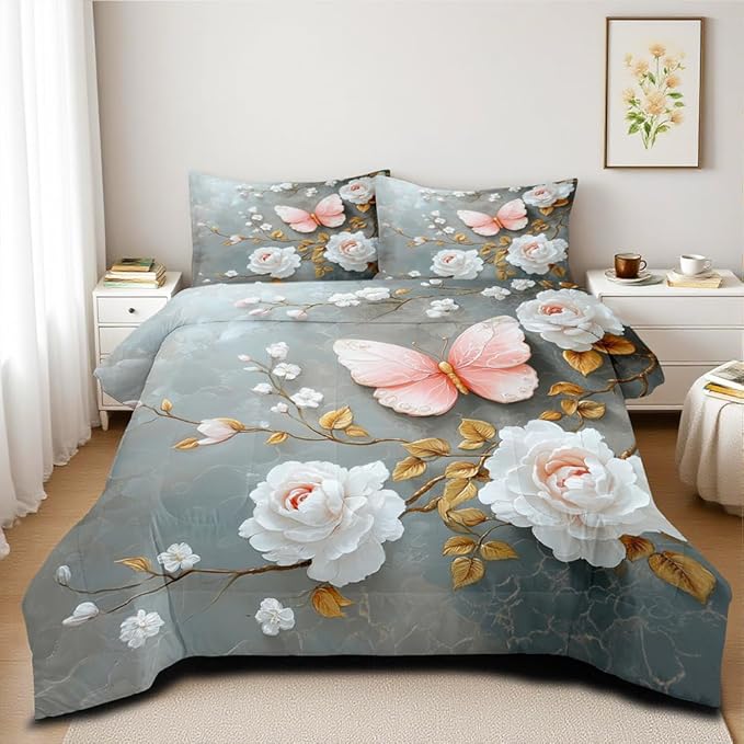 Floral Butterfly Comforter Set Queen White Flower Pink Butterflies on Gray Marble Bedding Set for Women Men Modern Aesthetic Bedding Soft Lightweight 90x90 Comforter with 2 Pillowcases