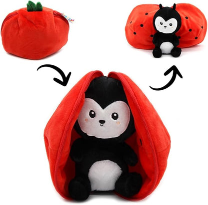 LES DÉGLINGOS Flipetz Comet The Ladybug Decorative Pillow – Reversible Tomato to Ladybug 2-in-1 Plush Cushion – 7 Inch Stuffed Animal Pillow for Sofa, Bed & Any Room Décor for Home Decor