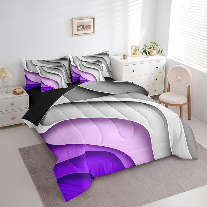 Erosebridal Grey Purple Gradient Bedding Queen Size 7-Piece for Kids Teens Geometric Stripe Comforter Set, Aesthetic Wave Bedding Comforter Sets Modern Abstract Bed in a Bag, Ombre Bedding Accessories