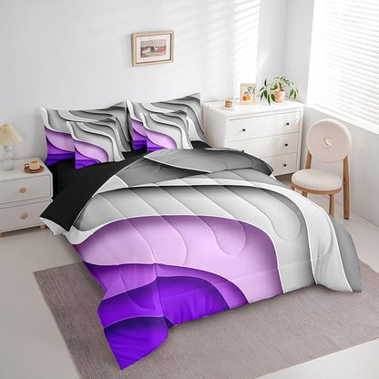 Erosebridal Grey Purple Gradient Bed in a Bag 7-Piece for Kids Teens Geometric Stripe Bedding Set, Aesthetic Wave Full Size Comforter Set Modern Abstract Bedding Comforter Sets, Ombre Bed Set