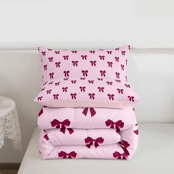 Erosebridal Pink Bow Bedding Set Queen Size Coquette Bows Comforter Set for Kids Teen Girls Women Bedroom Cute Preppy Bowknot Quilt Duvet Modern Trendy Girly Aesthetic Comforter