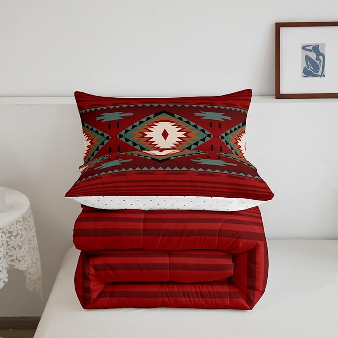 Feelyou Red Rustic Western Comforter Set Southwest Native Tribal Full Size Bedding Set for Kids Boys Girls Geometric Boho Comforter Soft Microfiber West Bedroom Decor