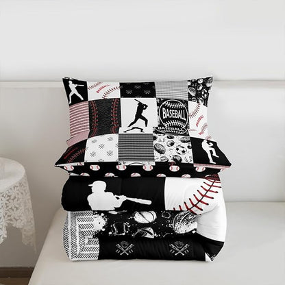 Erosebridal Kids Baseball Comforter Set King,Softball Bedding Set,Sports Game Quilted Comforter for Boys Teens Youth,Ball Game Patchwork Down Comforter with 2 Pillowcases,Red Black Gray