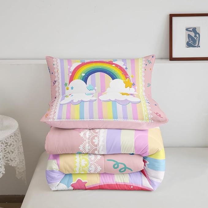 Pretty Rainbow Kids Twin Size Comforter Set,Colorful Dots Stripes Kawaii Sketch Reversible Bedding Sets for Teens Bedroom Decor,Cute Stars Lace Print Plaid Quilted Duvet,1 Pillowcase