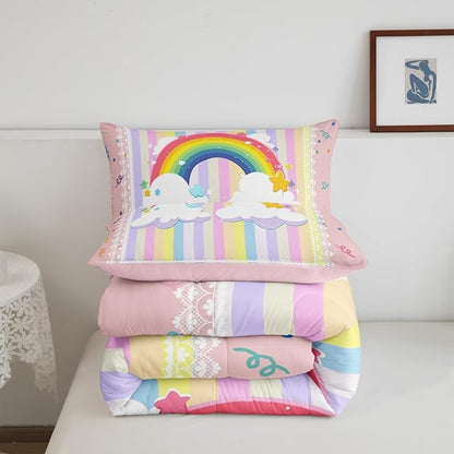 Pretty Rainbow Bedding Sets Full Size,Colorful Dots Stripes Kawaii Sketch Reversible Comforter Set Breathable Polyester Quilt Set,Cute Stars Lace Print Plaid Duvet Insert,2 Pillowcases