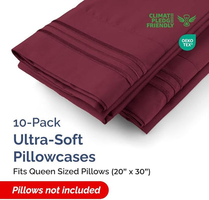 Queen Pillow Cases Set of 10 - Ultra Soft Hotel Quality Pillowcase Covers - Comfy, Cozy & Wrinkle Free - Shrink, Stain and Fade Resistant - Machine Washable Pillow Protectors - 10 Pcs Set - Burgundy