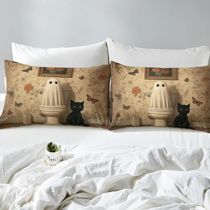 Erosebridal Halloween Cat Comforter Set Twin, Halloween Ghost Bedding Set, Vintage Bohemia Comforter, Retro Antumn Funny Gothic Quilt for Kids Boys Girls Women Men Gothic Bedroom Decor, Microfiber