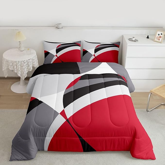 Erosebridal Abstract Bedding Full Geometric Comforter Set, Modern Duvet Insert Red Black Gray Quilt Comforter, Stripe Bedding Comforters & Sets Luxurious Kids Teen Adults Bedroom Decor 3pcs