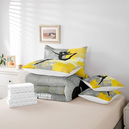 Girls Gymnastics Bed in a Bag 7pcs Yellow Grey Gradient Bedding Comforter Sets, Watercolor Twin Bedding Sets (1 Comforter, 1 Fitted Sheet, 1 Flag Sheet, 2 Pillowcases, 2 Throw Pillow Covers)