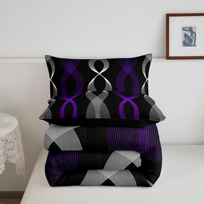 Erosebridal Purple and Black Bedding Set Twin,Boho Abstract Purple Striped Comforter Set, Modern Aesthetic Wavy Line Comforter, Contemporary Gradient Geometric Stripes Quilt for Men Adults Bedroom