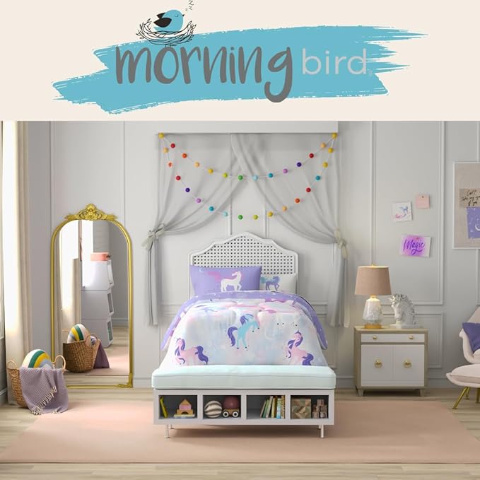 Morning Bird Unicorns Astrology Kids Bedding Super Soft & Cozy Reversible Microfiber Comforter and Sheet Set with Sham, 5 Piece Twin Size, by Franco