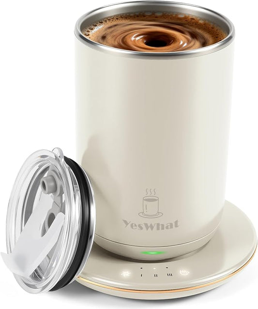 Coffee Mug Warmer 11oz,Self Stirring Smart Mug Warmer with Temperature Control & Auto Shut-Off,Stainless Steel Electric Heated Coffee Mug with Detachable Heating Base for Home,Kitchen & Gifts (White)