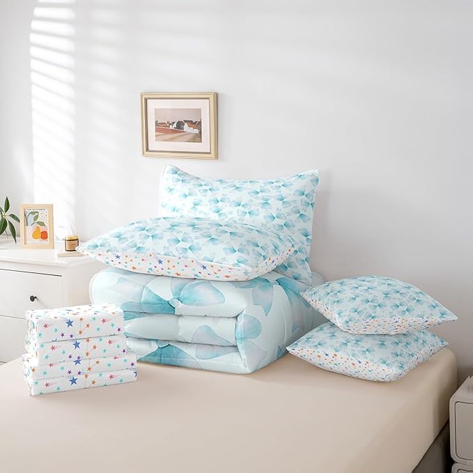 Feelyou Blue Bow Comforter Set with Sheets Queen Size Kids Bowknot 7 Pieces Bedding Set for Boys Girls Teens Gift for Girls Women Bed in a Bag Breathable Princess Décor Bed Set