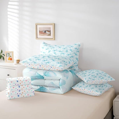 Feelyou Blue Bow Comforter Set with Sheets Twin Size Kids Bowknot 7 Pieces Bedding Set for Boys Girls Teens Gift for Girls Women Bed in a Bag Breathable Princess Décor Bed Set