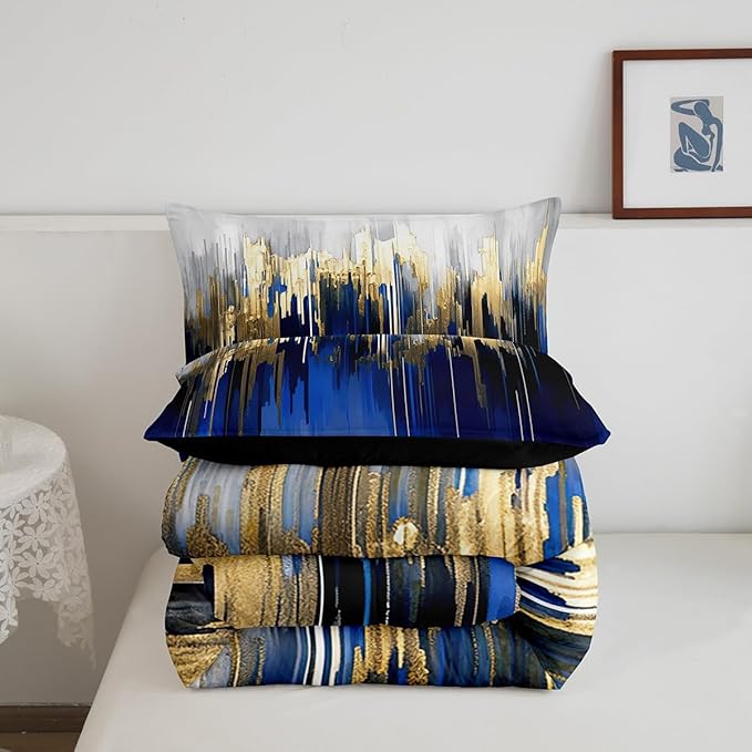 Abstract Art Bedding Set King Navy Gold Grey Comforter Set, Stripe Duvet Insert Golden Metallic Sequins Quilt Sets, Dark Blue Tie Dye Bedding Comforters & Sets Luxurious Modern Bedroom Decor