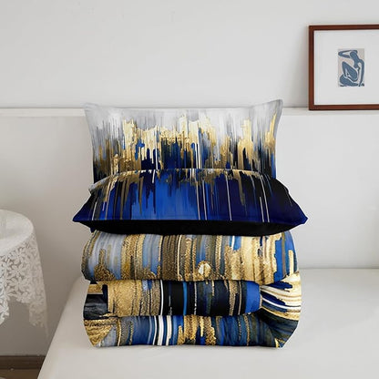 Abstract Art Bedding Set King Navy Gold Grey Comforter Set, Stripe Duvet Insert Golden Metallic Sequins Quilt Sets, Dark Blue Tie Dye Bedding Comforters & Sets Luxurious Modern Bedroom Decor