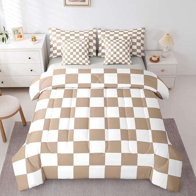 Feelyou Checkered Queen Comforter Set with Sheets for Kids Boys Girls Brown Plaid 7 Pieces Bedding Set Vintage Checkerboard Geometric Bed in a Bag Reversible Grey Room Decor Soft
