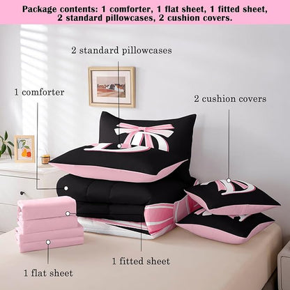 jejeloiu Kids Girls Black Pink Bow Comforter Set with Sheets King Size Monogrammed 7 Piece Bedding Set Personalized Initial D Bed in a Bag with Comforter, Sheets,Pillowcases Modern Fashion Bed Set