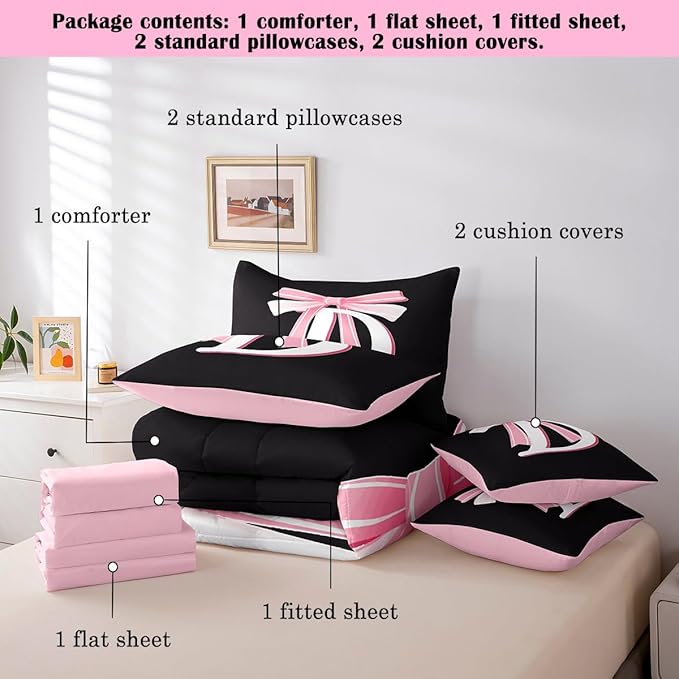 jejeloiu Kids Girls Black Pink Bow Comforter Set with Sheets Full Size Monogrammed 7 Piece Bedding Set Personalized Initial D Bed in a Bag with Comforter, Sheets,Pillowcases Modern Fashion Bed Set