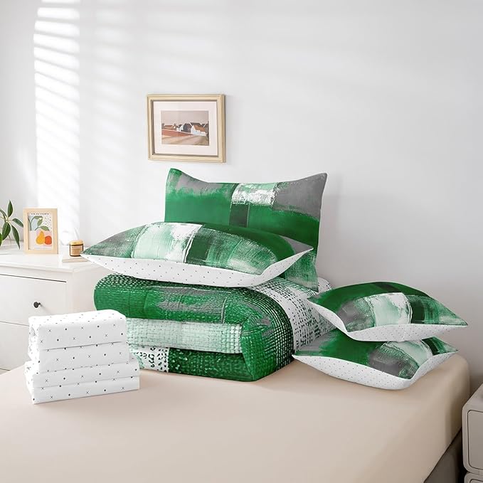 Erosebridal Green White Gray Full Comforter Set 7pcs Aesthetic Bed in a Bag, Watercolor Bedding Comforter Sets (1 Comforter + 1 Fitted Sheet + 1 Flag Sheet + 2 Pillowcase + 2 Throw Pillow Cover)