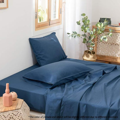 Simple&Opulence Belgian Linen Sheet Set Solid Color - 3 Pieces (1 Flat Sheet, 1 Fitted Sheet & 1 Pillowcase) Natural Flax Cotton Blend Soft Breathable Farmhouse Bedding - Twin Size, Classic Blue
