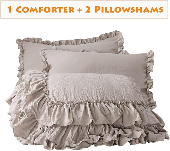 Masaca Taupe Ruffled Comforter Set for Queen Bed,3 Pieces Vintage Farmhouse Shabby Bedding Set Lightweight Ultra Soft French Country Bedding (1 Farmhouse Comforter +2 Pillowcases)
