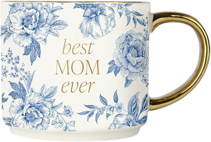 Sweet Water Decor Best Mom Ever Coffee Mug, Vintage Blue Delft Floral Design with Gold Handle & Rim, 14oz Fine Bone China Tea Cup, Cute Gifts for Mother's Day, Baby Shower, Christmas & Mom's Birthday