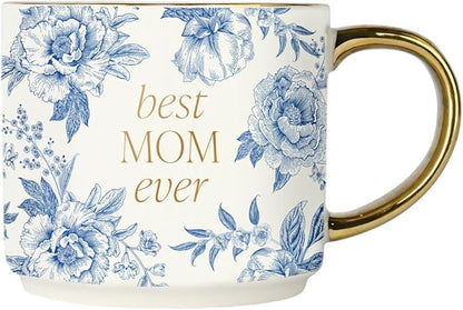 Sweet Water Decor Best Mom Ever Coffee Mug, Vintage Blue Delft Floral Design with Gold Handle & Rim, 14oz Fine Bone China Tea Cup, Cute Gifts for Mother's Day, Baby Shower, Christmas & Mom's Birthday
