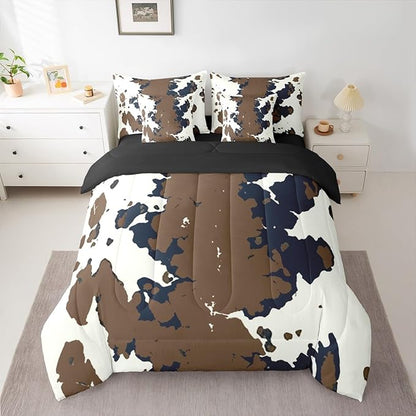 Erosebridal Cowhide 7 Piece Bedding Set Twin Cow Print Comforter Set with Sheets Western Farm Rustic Fur Highland Skin Bed in A Bag Beige Blue Bed Sets