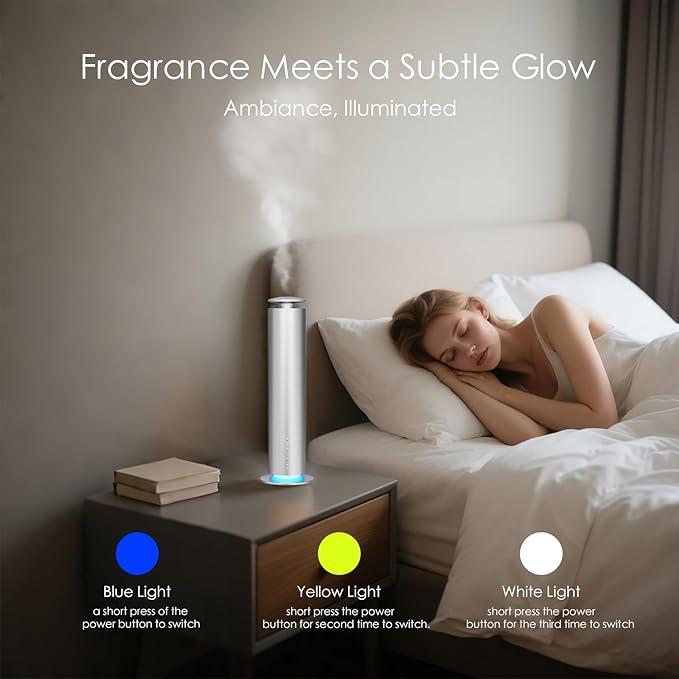 Waterless Essential Oil Diffuser, Long Lasting Aromatherapy Scent Diffuser for Home with Light Mode, 1000 Sq. Ft Coverage Quiet Oil Diffusers for Bedroom, Office, Included 5 Scent Oils(3.3OZ), Silver