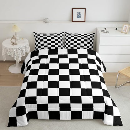 Feelyou Checkered Retro Bedding Set Teen Women Men Black White Plaid Comforter Set Full Size Kids Boys Girls Geometric Vintage Duvet Insert Modern Simple Groovy Aesthetic Room Decor