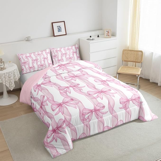 Girls Pink Bow Comforter Set King Size,Sweet Bow Ribbon Print Bedding Sets 3Pcs,Princess Style Girly Quilted Duvet for Kids Teens Woman Youth Room Decor,Bowkont Lines Down Comforter,2 Pillowcases