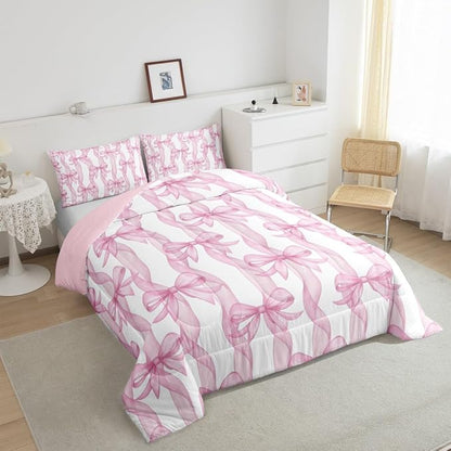 Girls Pink Bow Comforter Set King Size,Sweet Bow Ribbon Print Bedding Sets 3Pcs,Princess Style Girly Quilted Duvet for Kids Teens Woman Youth Room Decor,Bowkont Lines Down Comforter,2 Pillowcases