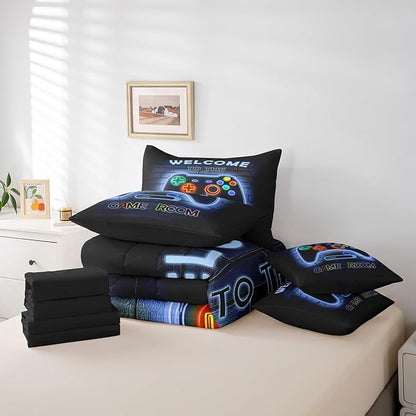 jejeloiu Blue Gamer Gaming 7 Piece Bedding Set King Size for Boys Game Console Comforter Set with Sheets Kids Teens Neon Light Bed in a Bag Cool Game Room Decor Bed Set