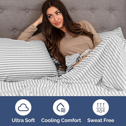 Short Queen RV Size 4 Piece Sheet Set - Comfy Breathable & Cooling Bed Sheets Set - Hotel Luxury Bedding for Women, Men, Kids, Teens, Boys & Girls - Deep Pockets, Ultra-Soft, Oeko-Tex - Grey Stripes