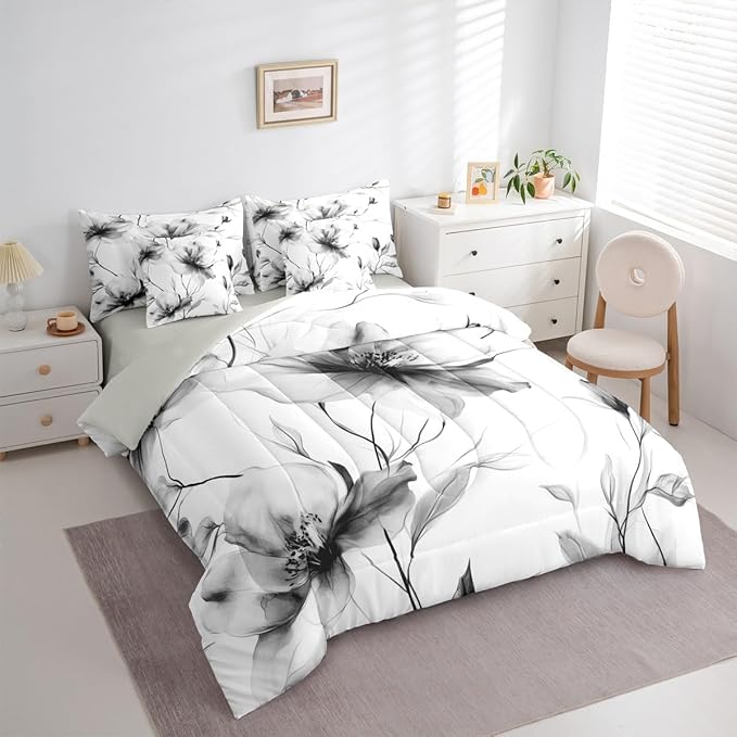 Erosebridal Black and White Flower 7 Pcs Bedding Set Full, Boho Flower Comforter Set with Sheets for Women Men, Artistic Watercolor Floral Bed in A Bag, Ink Painting Style Blossom & Leaf Bed Sets