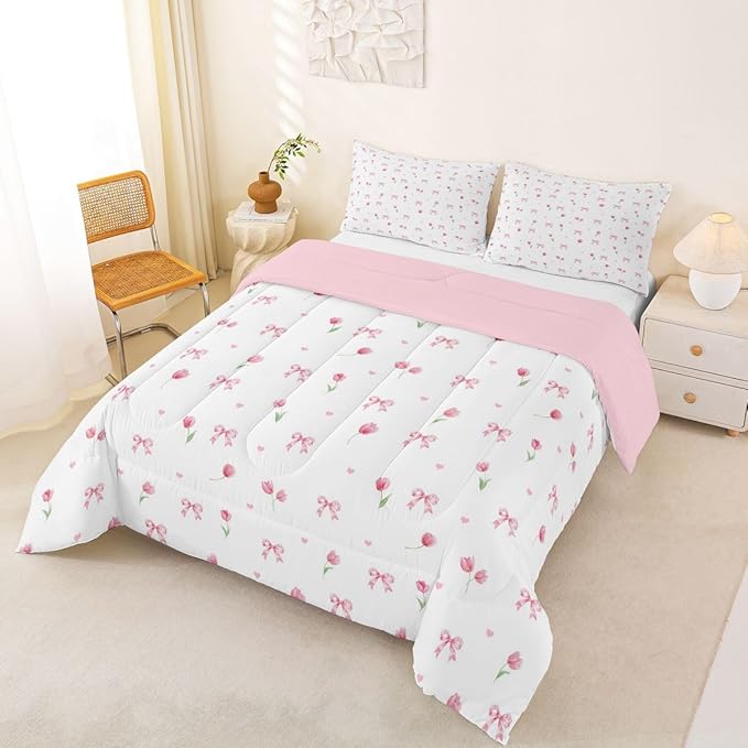 Feelyou Floral Bedding Set Soft for Boys Girls, Pink White Floral Bow Comforter Set Full Size Kawaii Bowknot Duvet Quilt Microfiber Pink Bow Bedroom Decor 3 Pcs with 2 Pillow Cases