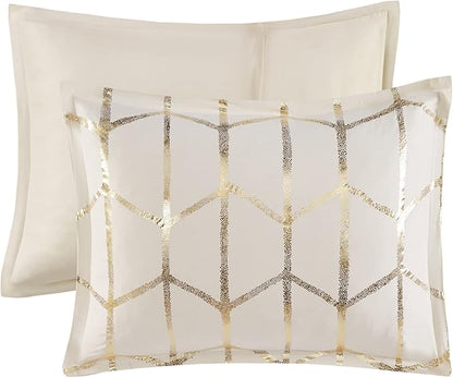 Intelligent Design Raina King/Cal King Comforter Set, Soft Microfiber, Modern Geometric Metallic Bed Set, 5 Pieces College Bedding with 2 Shams, 2 Toss Pillows Ivory/Gold