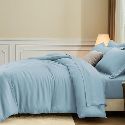 FUANNA Queen Comforter Set Light Blue, 7 Pieces Soft Bedding Sets Queen Size, All Season Lightweight Bed in a Bag with Comforter, Flat Sheet, Fitted Sheet, Pillowcases & Shams